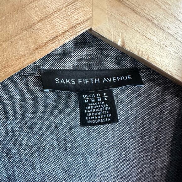 Saks Fifth Avenue Linen Open Front Unstructured Blazer Jacket Black/Grey M - Picture 2 of 11